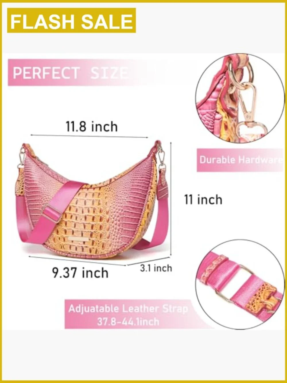 Croco Embossed Vegan Leather Crossbody Hobo Bag Crescent Shoulder Purse